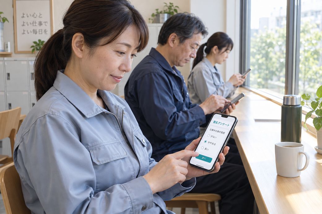 イメージ画像。休憩室で、社員さんがスマートフォンの匿名アンケートに回答している様子