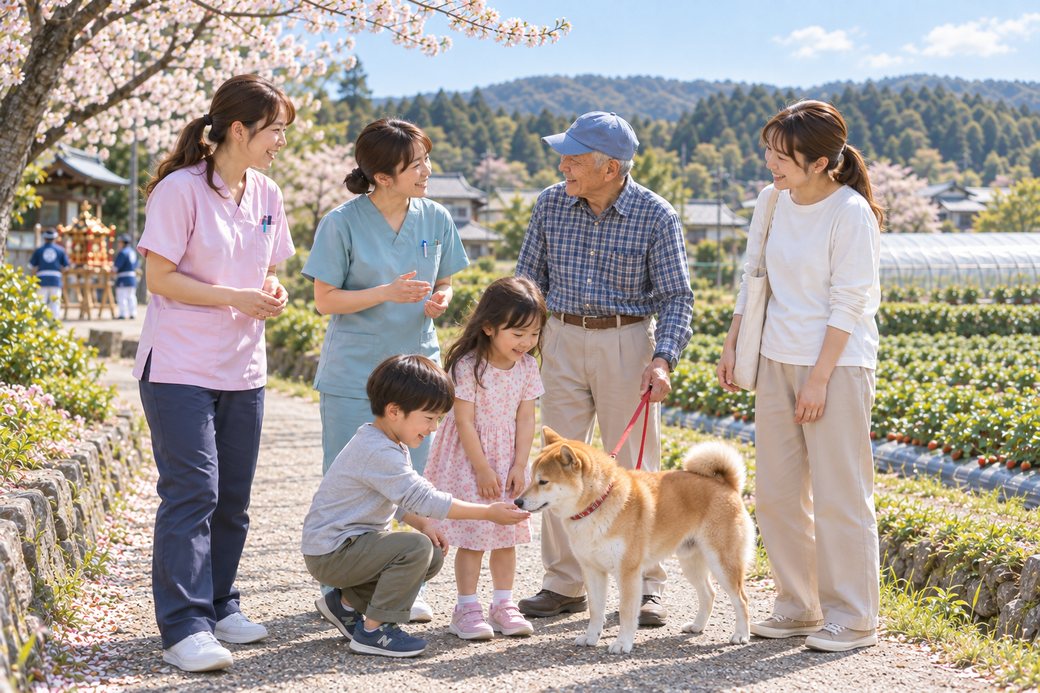 イメージ画像。桜の下で、看護・介護のスタッフと、犬を連れた高齢の男性、親子が話している様子