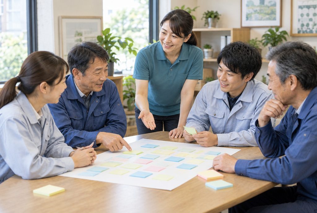 イメージ画像。工場の打ち合わせスペースで、社員さんが付せんを囲んで話し合い、結家のスタッフが助言している様子