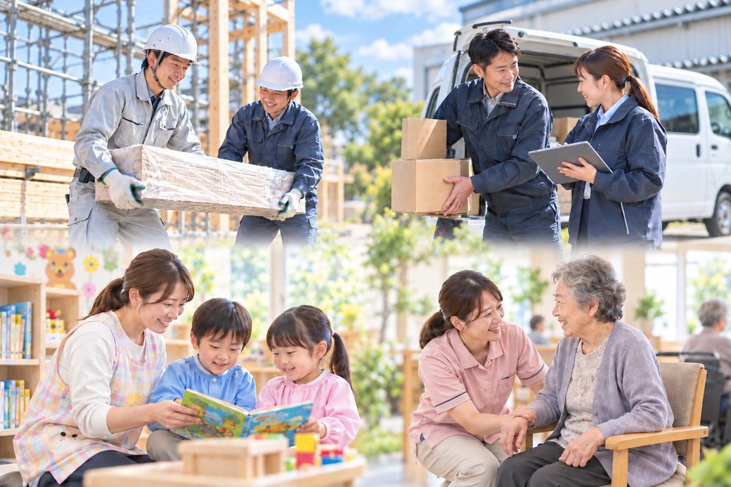 イメージ画像。建設現場で資材を運ぶ作業員、配送の荷物を確認するスタッフ、絵本を読む保育士と子どもたち、お年寄りに寄り添う介護の職員が、笑顔で働いている様子