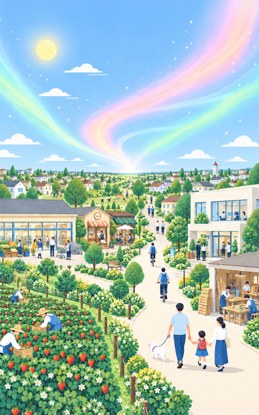 イラスト。晴れた日の町。いちご農園や商店、事務所、木工の作業場で働く人と、道を歩く家族が描かれている