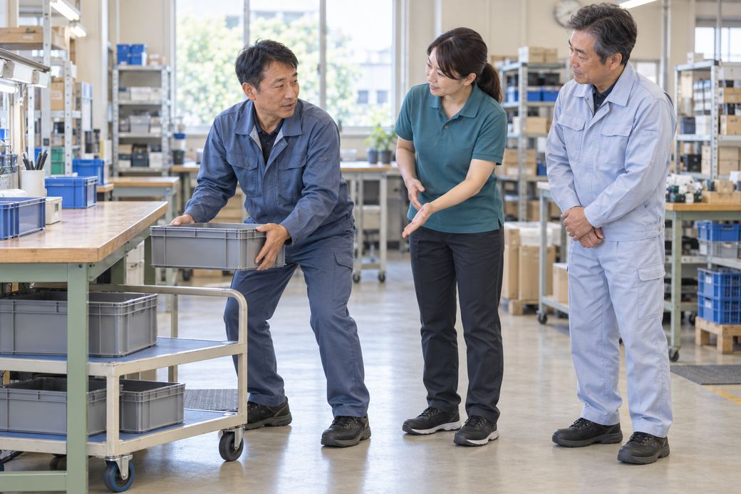 イメージ画像。工場で荷物を持ち上げる動きを、療法士と社員さんが一緒に確認している様子