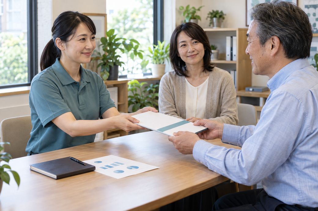 イメージ画像。事務所でレポートを手渡しながら、結果を説明している様子