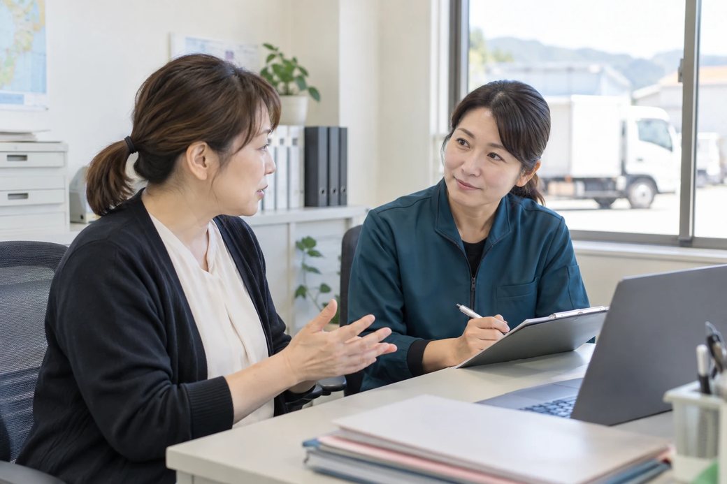 イメージ画像。現場の事務所で、女性の看護師に体調のことを相談している様子