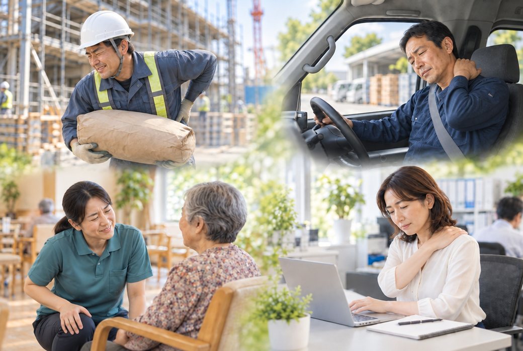 イメージ画像。腰を押さえながら荷物を運ぶ建設現場の作業員、首と肩をさする配送のドライバー、膝をかばう介護の職員、肩を押さえる事務の職員。痛みをこらえて働き続けている様子