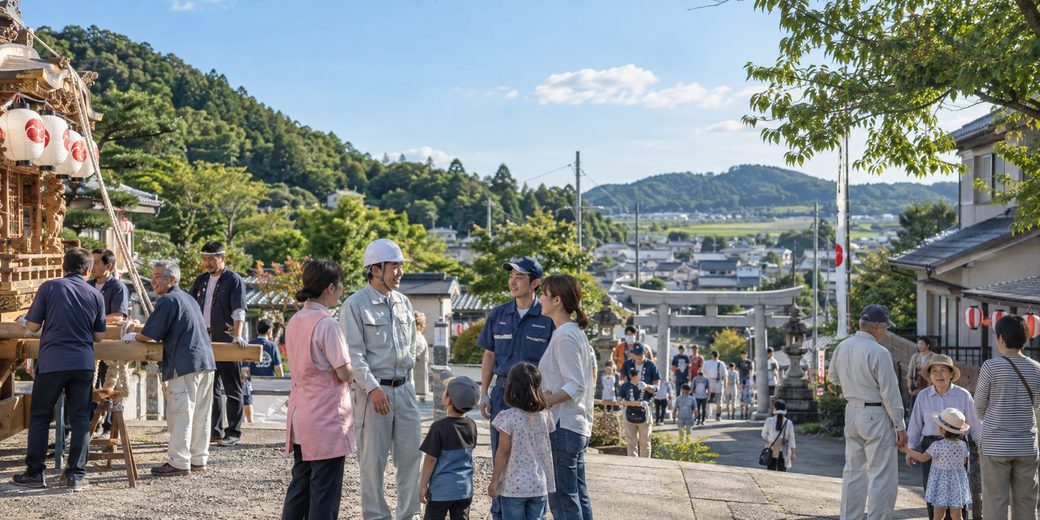 イメージ画像。地域の祭りの準備をする、働く人と住民たち