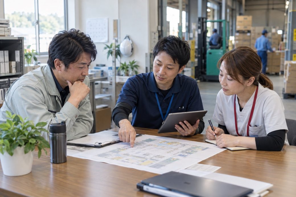 イメージ画像。現場の事務所で、調べた結果のレポートを見ながら説明している様子